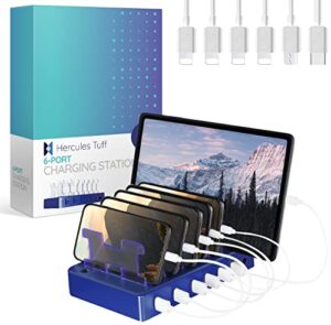 hercules tuff charging station for multiple devices – 6 ports – (4) ios compatible, (1) usb-c & (1) micro usb cable for cell phones, smart phones, tablets, and electronics, blue