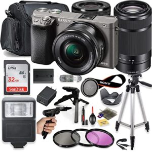 sony a6000 mirrorless camera (graphite) with 16-50mm oss e 55-210mm lens + deluxe bundle including sandisk 32gb card, case, flash, grip tripod, 50″ tripod, and more