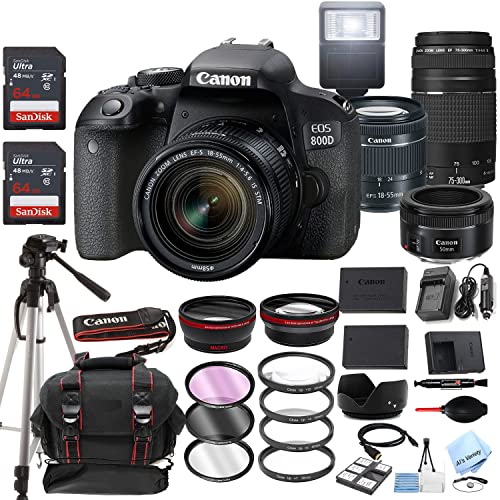 EOS 800D (Rebel T7i) DSLR Camera w/EF-S 18-55mm F/4-5.6 is STM Zoom Lens + 75-300mm F/4-5.6 III Lens + EF 50mm f/1.8 STM Lens + 128GB Memory + Case + Tripod + Filters (40pc Bundle)