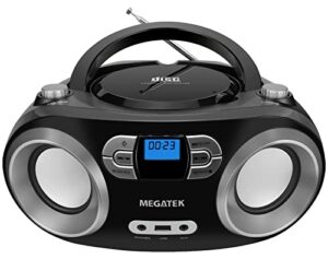 megatek portable cd player bluetooth boombox with fm radio, usb, aux and headphone jack, cd-r/rw and mp3 cds compatible, stereo system for home with dual speakers, ac/battery operated – black