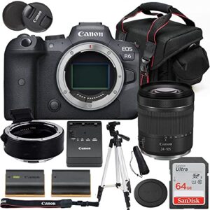 r6 full frame mirrorless camera with rf 24-105mm stm lens bundle + eos r mount adapter + 64gb ultra high speed memory card + accessories including extra battery, case and tripod (renewed), black