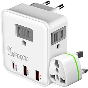 uk & european travel plug adapter – fast charger for iphone ipad 20w pd usb c & quick charge qc 3.0, 2500w power adaptor 3 us outlets american to eu europe italy france travel essentials accessories
