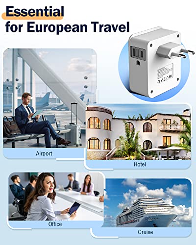 UK & European Travel Plug Adapter - Fast Charger for iPhone iPad 20W PD USB C & Quick Charge QC 3.0, 2500W Power Adaptor 3 US Outlets American to EU Europe Italy France Travel Essentials Accessories