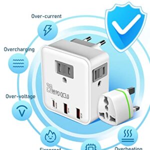 UK & European Travel Plug Adapter - Fast Charger for iPhone iPad 20W PD USB C & Quick Charge QC 3.0, 2500W Power Adaptor 3 US Outlets American to EU Europe Italy France Travel Essentials Accessories