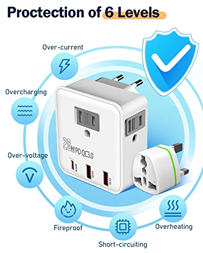 UK & European Travel Plug Adapter - Fast Charger for iPhone iPad 20W PD USB C & Quick Charge QC 3.0, 2500W Power Adaptor 3 US Outlets American to EU Europe Italy France Travel Essentials Accessories