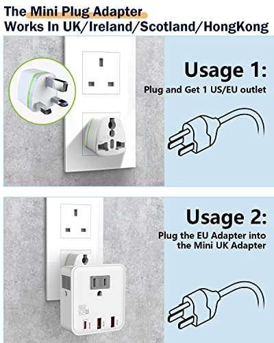 UK & European Travel Plug Adapter - Fast Charger for iPhone iPad 20W PD USB C & Quick Charge QC 3.0, 2500W Power Adaptor 3 US Outlets American to EU Europe Italy France Travel Essentials Accessories