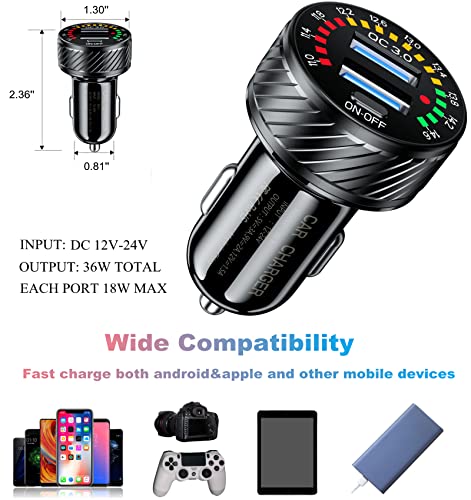 Car Charger, BRCOVAN Dual QC3.0 Port USB Car Charger Adapter, 36W 3A Fast Charge Car Phone Charger with Colorful Voltmeter & ON/Off Switch