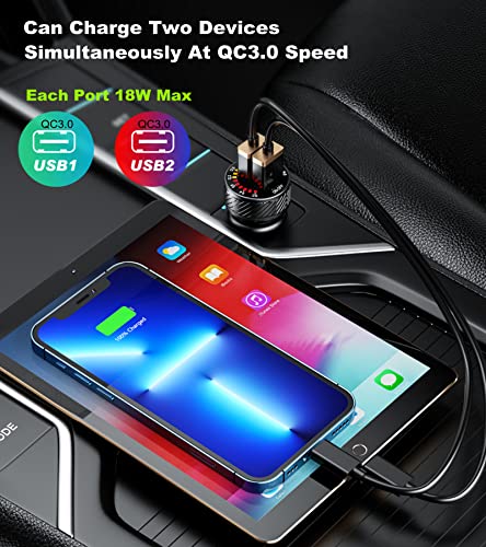 Car Charger, BRCOVAN Dual QC3.0 Port USB Car Charger Adapter, 36W 3A Fast Charge Car Phone Charger with Colorful Voltmeter & ON/Off Switch