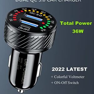Car Charger, BRCOVAN Dual QC3.0 Port USB Car Charger Adapter, 36W 3A Fast Charge Car Phone Charger with Colorful Voltmeter & ON/Off Switch