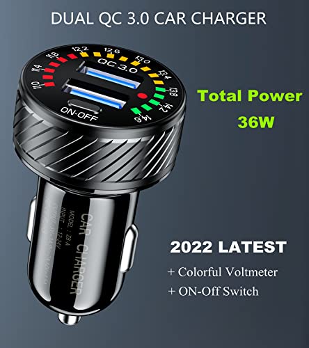 Car Charger, BRCOVAN Dual QC3.0 Port USB Car Charger Adapter, 36W 3A Fast Charge Car Phone Charger with Colorful Voltmeter & ON/Off Switch