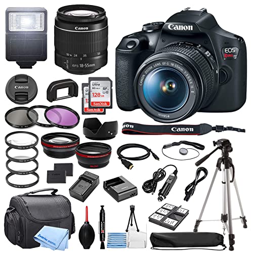 Canon EOS Rebel T7 DSLR Camera w/EF-S 18-55mm F/3.5-5.6 Zoom Lens + 128GB Memory + Case + Tripod + Filters + Accessory Bundle (Renewed)