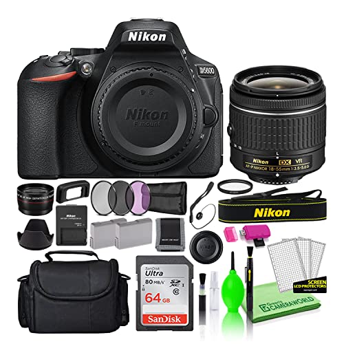 Nikon D5600 24.2MP DSLR Digital Camera with 18-55mm Lens (1576) Bundle Kit with 64GB Ultra SD Card + Large Camera Bag + Filter Kit + Spare Battery + Telephoto Lens + More