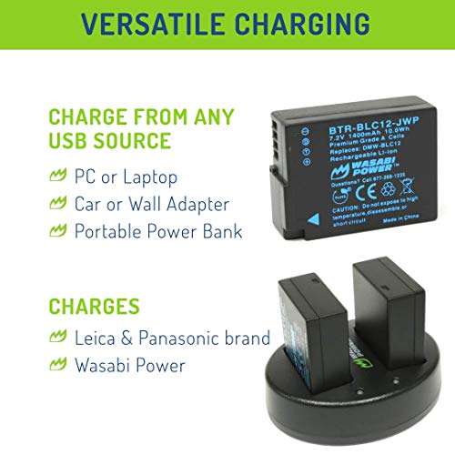 Wasabi Power Battery (2-Pack) and Charger for Panasonic DMW-BLC12 and Leica BP-DC12, BP-DC12-U, 18729, Leica V-Lux 4, V-Lux (Typ 114), Leica Q