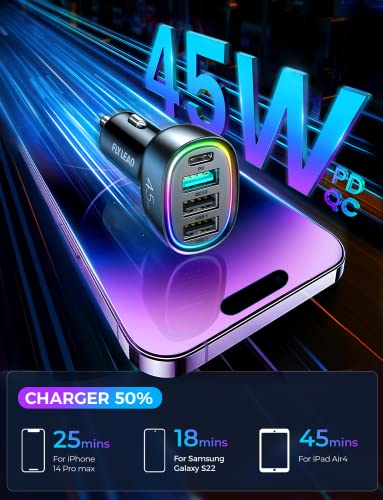 USB C Car Charger, 45W 4 Ports Super Fast Car Charger Adapter, PD3.0 & QC3.0 30W Type C Car Charger Compatible with iPhone 14 Pro Max/Pro/Samsung Galaxy 22/Google Pixel, Cigarette Lighter USB Charger