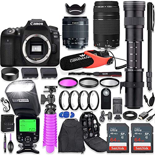 Canon EOS 90D DSLR Camera Kit with Canon 18-55mm & 75-300mm Lenses + 420-800mm Telephoto Zoom Lens + TTL Flash (Upto 180 Ft) + Commander Microphone + 128GB Memory + Accessory Bundle