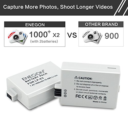 LP-E5 ENEGON Replacement Battery (2-Pack) and Rapid Dual Charger for Canon LP-E5 and Canon EOS Rebel XS, Rebel T1i, Rebel XSi, 1000D, 500D, 450D, Kiss X3, KissX2, KissF (100% Compatible with Original)