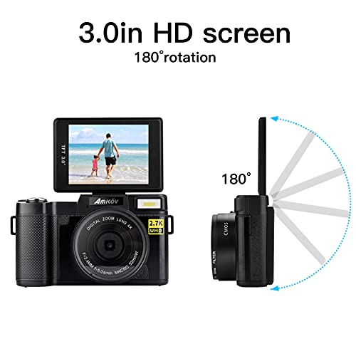 Digital Video Camera, 2.7K 48MP Vlogging Camera, HD Digital Camera for YouTube, 3in LCD 180°Rotation Screen, USB Charging, Wide Angle Lens, 800mAh Battery, Support 128GB Memory Card
