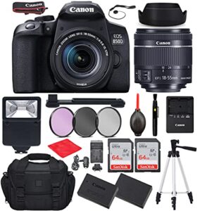 canon eos 850d (t8i) dslr camera with canon ef-s 18-55mm f/4-5.6 is stm lens bundle, starter kit with accessories (gadget bag, extra battery, digital slave flash, 128gb memory, 50″ tripod and more)