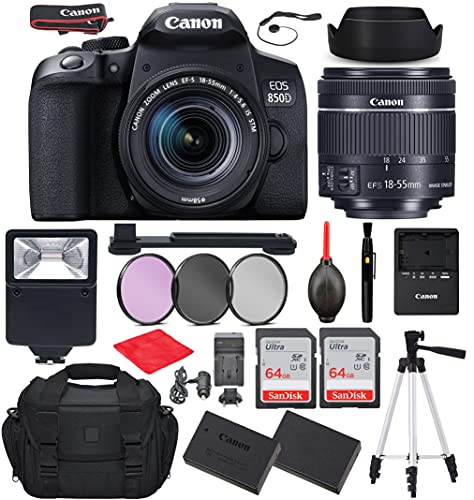Canon EOS 850D (T8i) DSLR Camera with Canon EF-S 18-55mm f/4-5.6 is STM Lens Bundle, Starter Kit with Accessories (Gadget Bag, Extra Battery, Digital Slave Flash, 128Gb Memory, 50" Tripod and More)