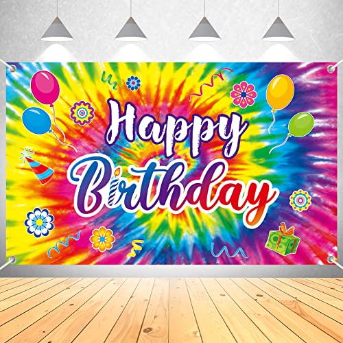 Tie Dye Birthday Backdrop, Tie Dye Party Supplies Birthday Decorations, Rainbow Birthday Banner Background, 60's 70's Hippie Theme Groovy Birthday Party Decorations, 71 x 43 Inches