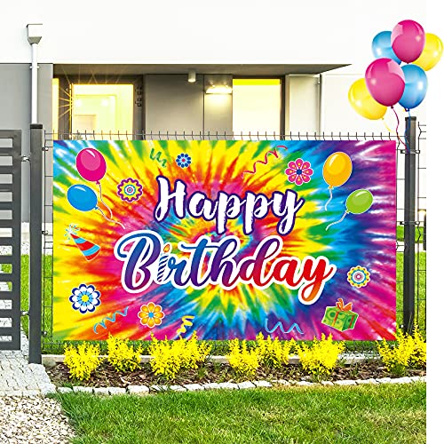 Tie Dye Birthday Backdrop, Tie Dye Party Supplies Birthday Decorations, Rainbow Birthday Banner Background, 60's 70's Hippie Theme Groovy Birthday Party Decorations, 71 x 43 Inches