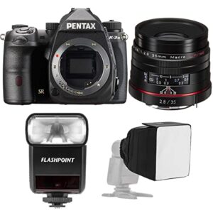 pentax k-3 mark iii aps-c-format dslr camera body with smcp-da 35mm f/2.8 hd macro lens, black bundle with flashpoint zoom-mini ttl r2 flash, softbox