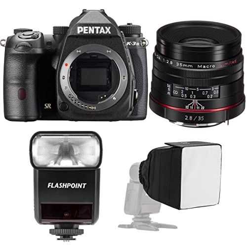 Pentax K-3 Mark III APS-C-Format DSLR Camera Body with SMCP-DA 35mm f/2.8 HD Macro Lens, Black Bundle with Flashpoint Zoom-Mini TTL R2 Flash, Softbox