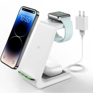 wireless charging stand, geekera 3 in 1 wireless charger dock station for iphone 14 pro max/14 pro/14 plus/13/12/11/x/8 series, apple watch ultra/se/8/7/6/5/4/3/2, airpods pro/3, samsung qi phones