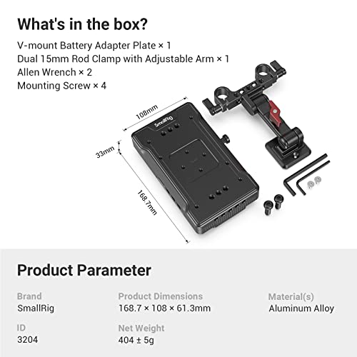 SmallRig V Mount Battery Adapter Plate, Power Supply Splitter with 15 mm Rod Clamp and Adjustable Arm, for Sony for Canon DSLR Cameras/Camcorders - 3204