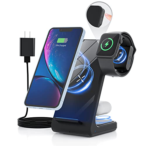 Wireless Charger, 3 in 1 Wireless Charging Station, Fast Charging Stand for Apple Watch Series & Airpods, iPhone 14/13/12/11/Pro/Max/XS/XR/X/8/Plus and Samsung Phones (with Adapter)