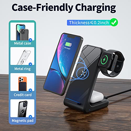 Wireless Charger, 3 in 1 Wireless Charging Station, Fast Charging Stand for Apple Watch Series & Airpods, iPhone 14/13/12/11/Pro/Max/XS/XR/X/8/Plus and Samsung Phones (with Adapter)