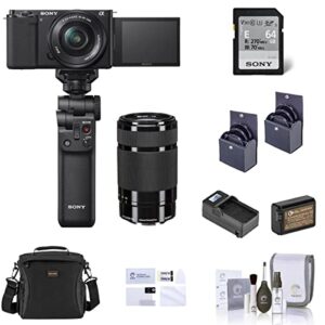 sony zv-e10 mirrorless camera with 16-50mm lens & e 55-210mm f/4.5-6.3 oss e-mount lens, black bundle with vlogger kit, bag, battery, charger, 49mm & 40.5mm filters, cleaning kit