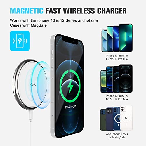 Magnetic Wireless Charger, Vebach Aluminum Fast Wireless Charging Pad with Detachable Cable Compatible with iPhone 14/14 plus/13/13 Pro/13 Pro Max/13 Mini, 12/12 Pro/12 Pro Max, AirPods 3 2 Pro etc