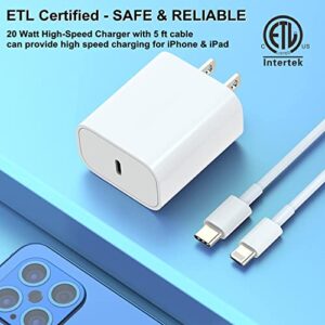 iPhone Fast Charger, [2-Pack] Power Adapter 20W PD USBC Charging Block 【Apple MFi Certified】 Super Fast Chargers Wall Plug with 5 ft Cords for iPhone 14/13/12/11/10 iPad Charger iPhone 14 Charger