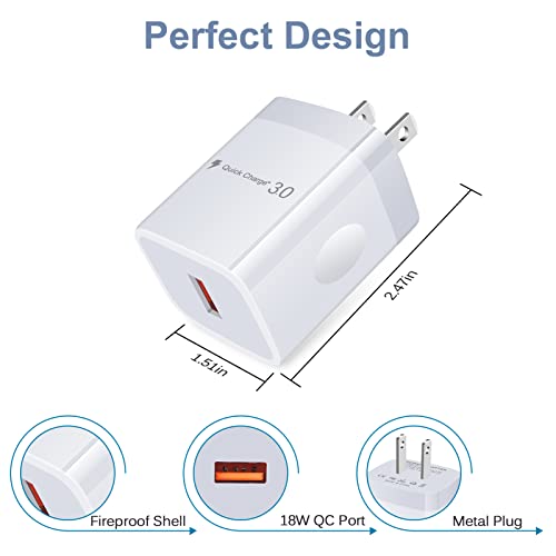 Fast Charging Wall Charger & Cable for Samsung Galaxy, Google Pixel, Moto & More - Quick Charge 3.0 USB C Brick with 6FT Cord