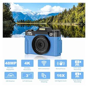 DYOSEN Digital Camera 48MP Camera Digital WiFi 4K Vlogging Camera 16X Zoom Digital Camera Gift for Friends Family Restoring Ancient Ways Digital Camera Photography (Size : Nocard, Color : Blue)