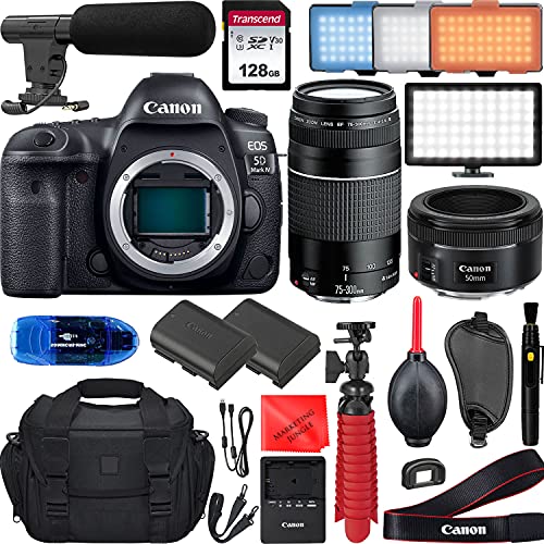 5D Mark IV DSLR Camera with EF 50mm f/1.8 STM, EF 75-300mm f/4-5.6 III Lens, Portable LED Light, 128GB Memory Card, Microphone, Extra LP-E6 Battery, Gadget Bag, Cleaning Kit + More 1483C002