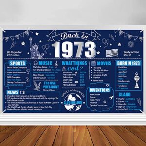 large blue silver 50th birthday banner backdrop decoration for men, navy blue 50th birthday back in 1973 birthday banner party supplies, happy 50 years old birthday photo background for indoor outdoor