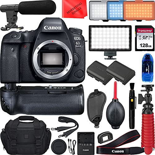 6D Mark II DSLR Camera (Body Only) Video Creator Bundle with Portable LED Light, 128GB Memory Card, Battery Grip, Microphone, Extra LP-E6 Battery, Gadget Bag, Cleaning Kit and More 1897C002