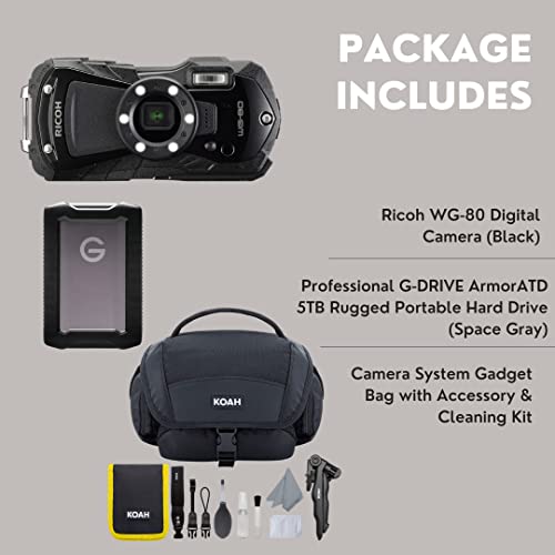 Ricoh WG-80 Digital Camera (Black) Bundle with 5 TB Portable Hard Drive, Gadget Bag with Accessory and Cleaning Kit (3 Items)