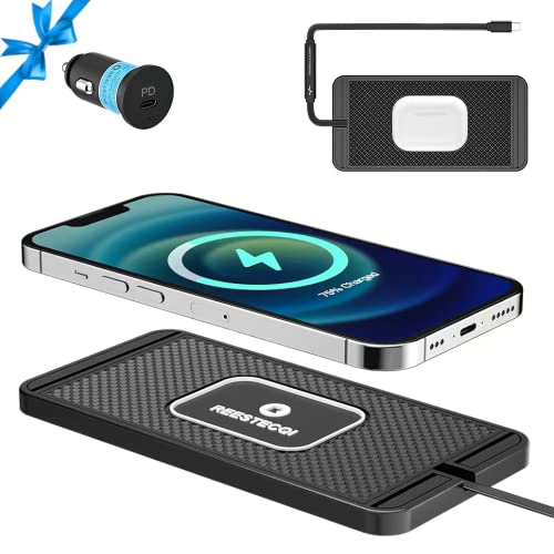 Wireless Charging Pad for Car REESTECQI 15W Wireless Car Charger Pad Type C Qi Wireless Charger Car Non Slip [PD20W Car Charger Incl.] for Airpods iPhone 14/13/12/11 Samsung S22/S21/S20 (30CM Cable)