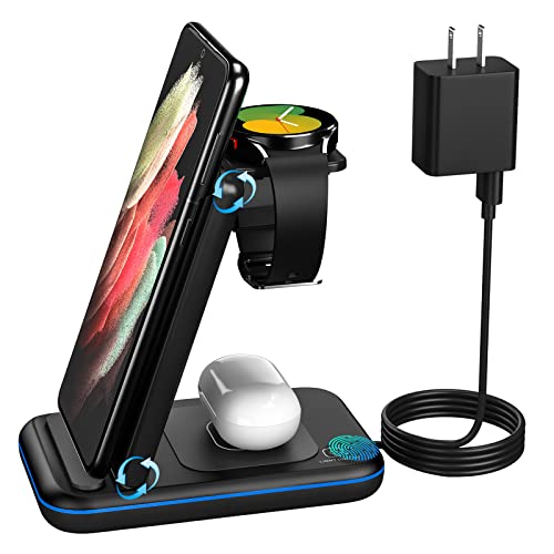 Wireless Charger for Samsung/Android, HOLYJOY Foldable 3 in 1 Fast Charging Station/Stand/Multi Charger for Samsung S23/S22/S21/S20/Note 20, Travel Pad for Galaxy Watch 5/4/3/Active 2, Buds(Black)