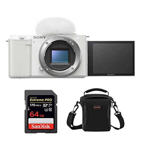 Sony ZV-E10 Mirrorless Camera Body, White Bundle with 64GB SD Card, Shoulder Bag