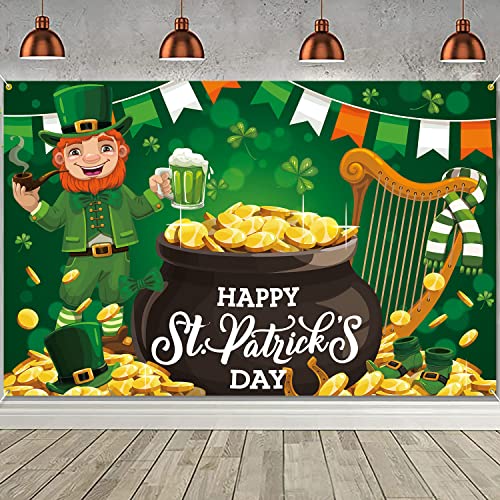 PTFNY Happy St. Patrick's Day Backdrop Banner 71 x 45 Inch Lucky Party Decoration Green Shamrocks Banner Decoration for St Patricks Day Party Background Decoration Photo Booth Props