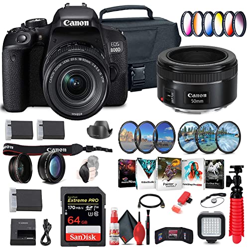 Canon EOS Rebel 800D / T7i DSLR Camera with 18-55 4-5.6 is STM Lens (1895C002) + Canon EF 50mm Lens + 64GB Memory Card + Color Filter Kit + Case + Corel Photo Software + More (Renewed)