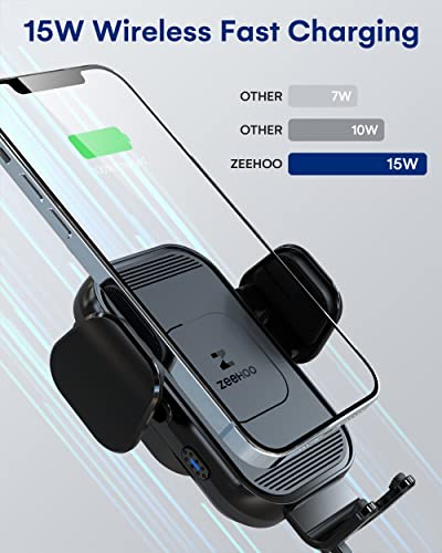 [Upgraded Version] ZeeHoo Wireless Car Charger,15W Fast Charging Auto-Clamping Car Mount, Dash, Air Vent Charging Car Phone Holder for iPhone 14 13 12 11, Samsung Galaxy S23+ S22, etc. (Black)