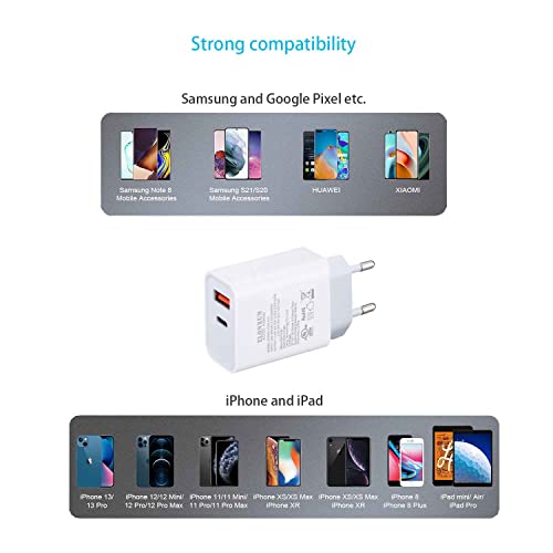 Fast European Charger Plug EU (USB C+USB A) Power Adapter for Samsung Galaxy S22/S21/S20/S10/S22 Ultra/S21+/S20 FE/A53/A32,iPhone 13/12/11/XS/XR,Motorola, Google Pixel