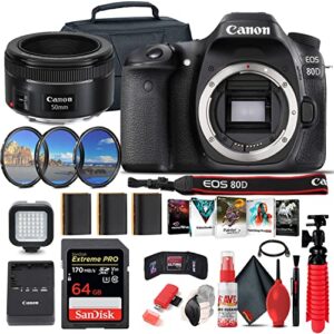 canon eos 80d dslr camera (body only) (1263c004) + canon ef 50mm lens + 64gb memory card + case + filter kit + corel photo software + 2 x lpe6 battery + card reader + more (renewed)