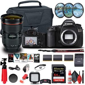 canon eos 5ds dslr camera (body only) (0581c002) + canon ef 24-70mm lens + 64gb memory card + case + filter kit + corel photo software + 2 x lpe6 battery + card reader + led light + more (renewed)