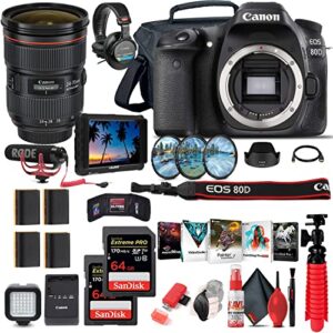canon eos 80d dslr camera (body only) (1263c004) + 4k monitor + canon ef 24-70mm lens + pro mic + pro headphones + 2 x 64gb card + case + filter kit + corel photo software + more (renewed)